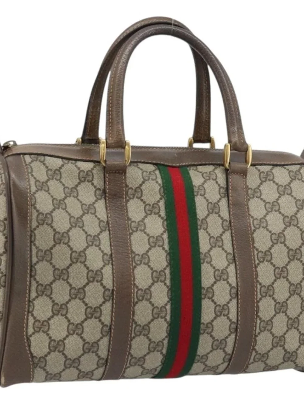 GUCCI GG Supreme Web Sherry Line Boston Bag PVC Beige 02 98 8 0468 Auth BAZ555